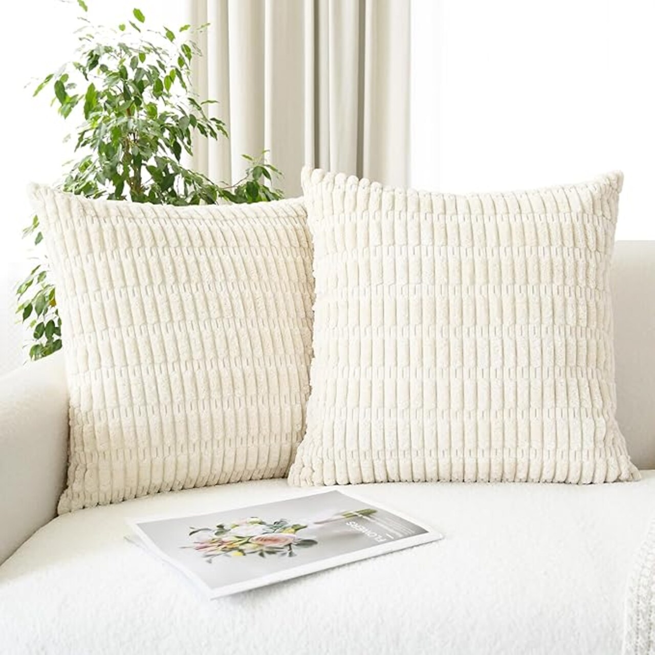 Throw Pillow Covers Pack of 2 Comfy Corduroy Boho Striped Decorative Cushion Cases for Couch Sofa Bed Farmhouse 18 X 18 Inches Beige